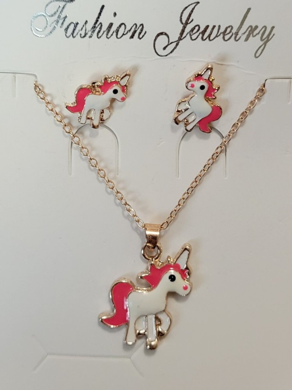 Girls Silver, Brass, Gold Pink and White Unicorn Earring and Necklace Set